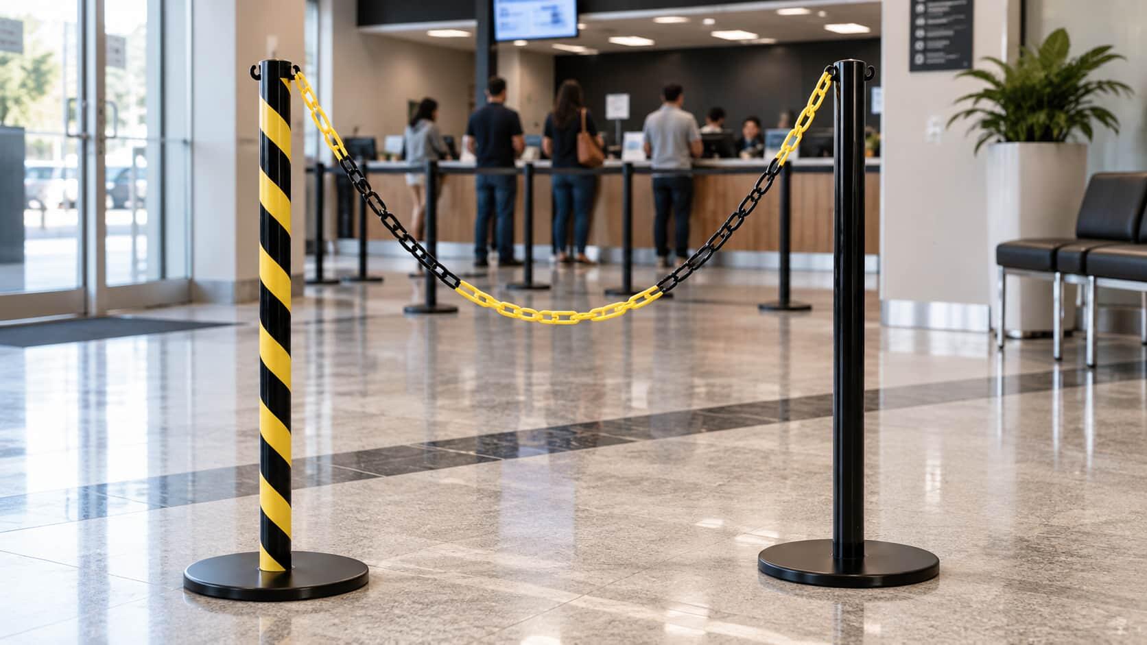 Organizador de fila com corrente ou fita retrátil?